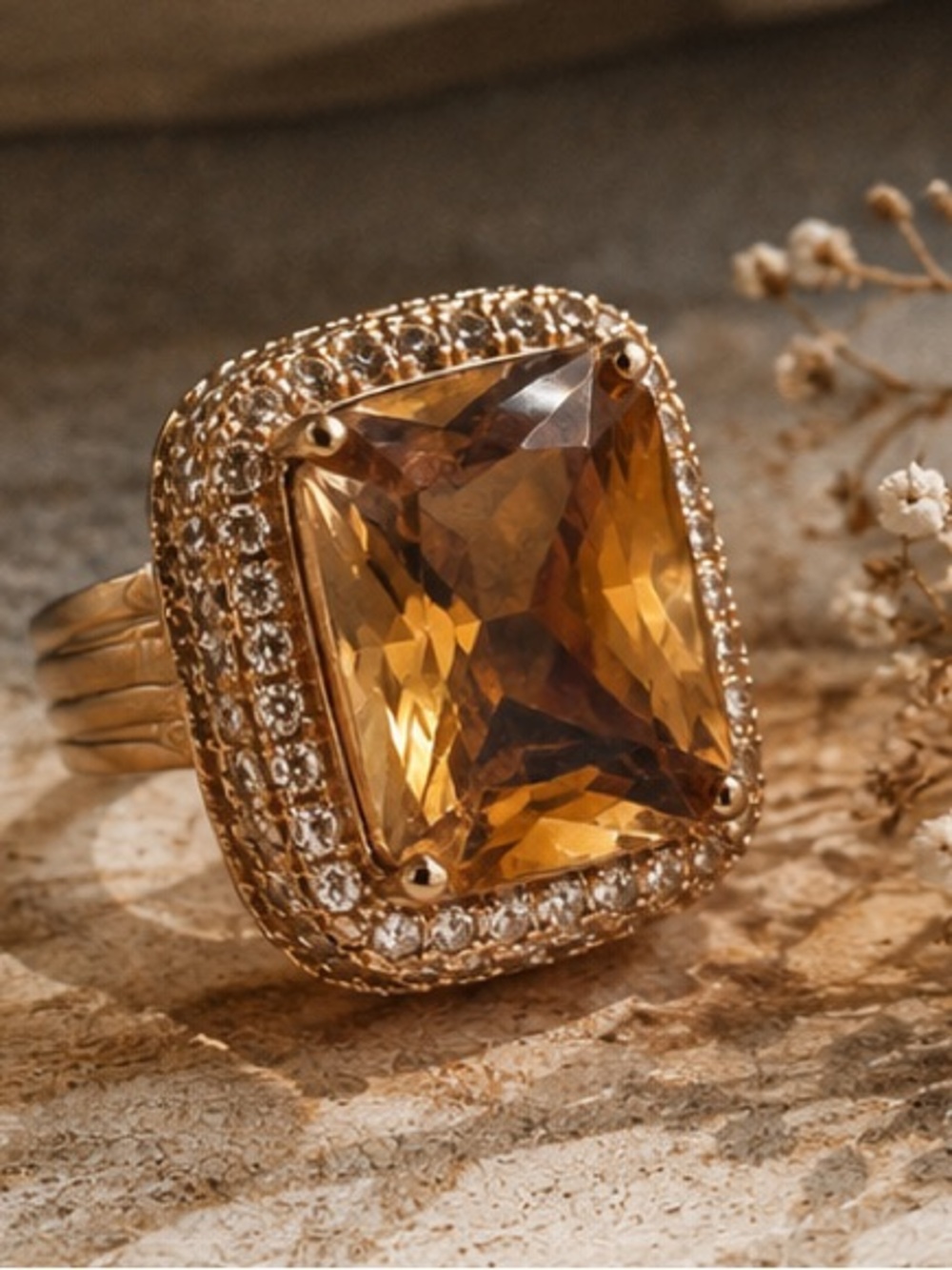 Gold Citrine Halo Statement Ring Size 8